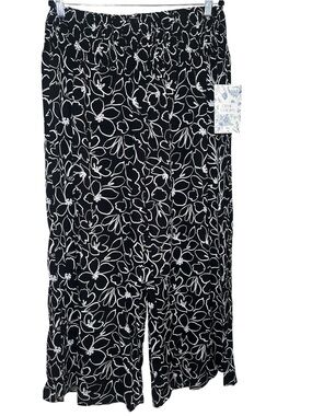 Classic Concepts 1X Black White Floral Flowy Comfort Summer Wide Leg Pants Artsy
